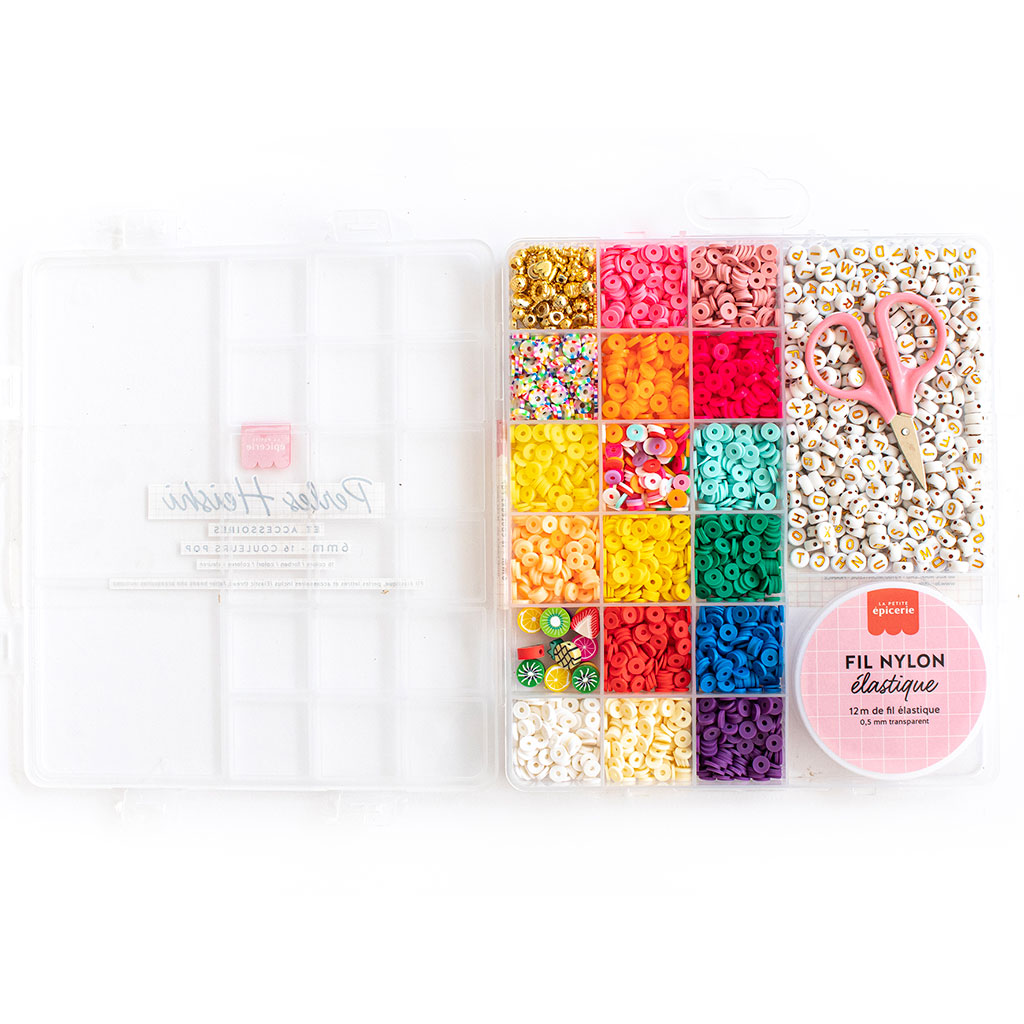 Boite de 16 couleurs pop de perles heishi 6 mm et accessoires