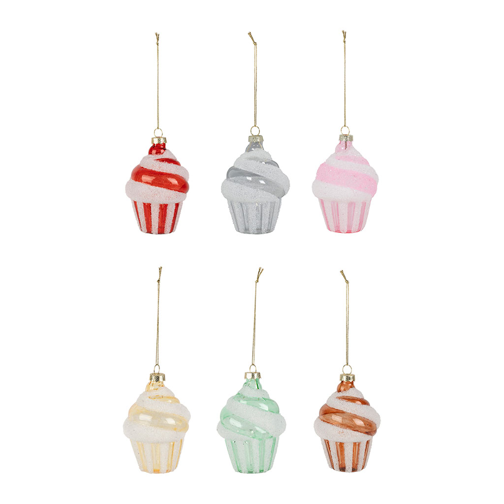 Suspensions sapin cupcakes (x6)  en verre  d7.5cm - Festif