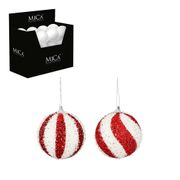 Boules de noël (x2) en plastique pailleté rouge et blanc d8cm