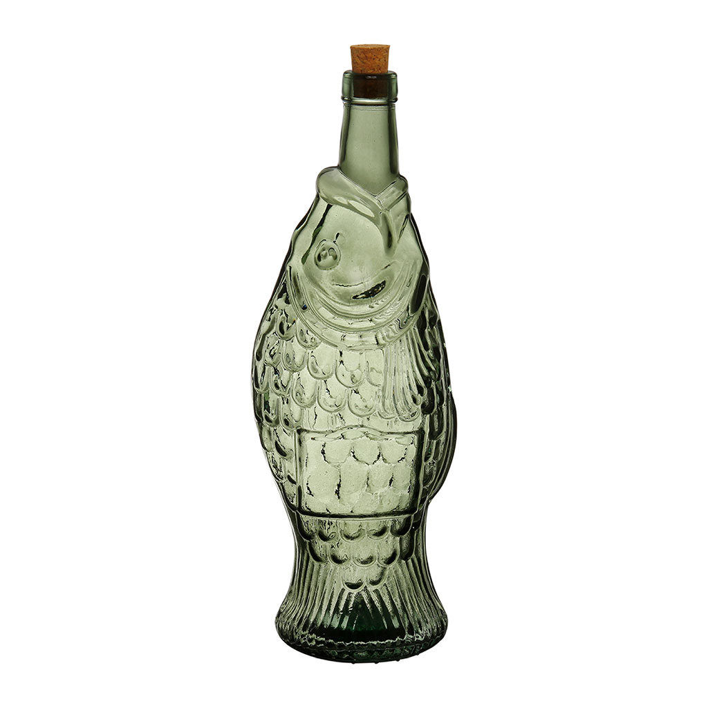 Bouteille Poisson en verre recyclé sablé sauge 1.1l