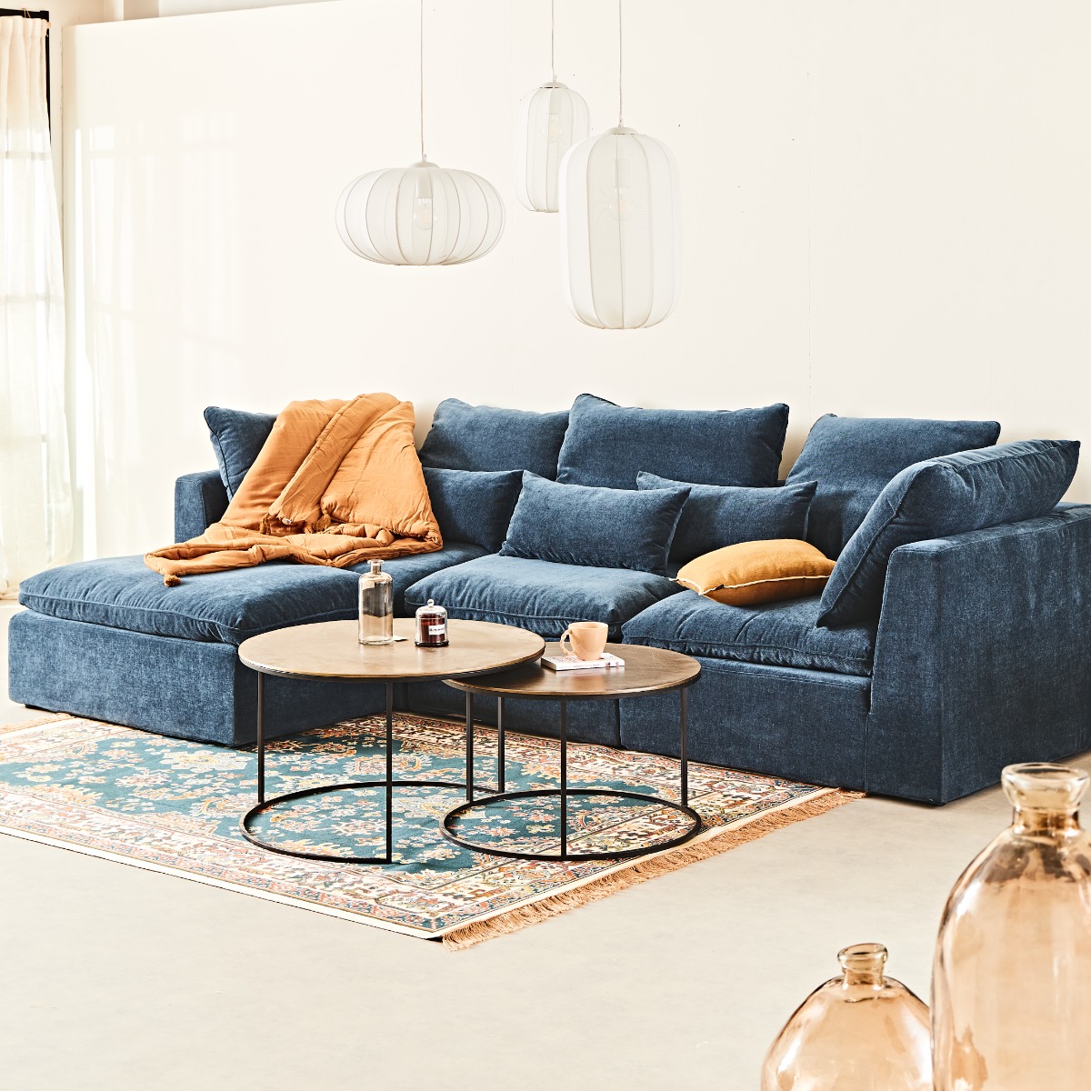 Canapé modulable 3 places bleu grisé avec pouf - Auguste