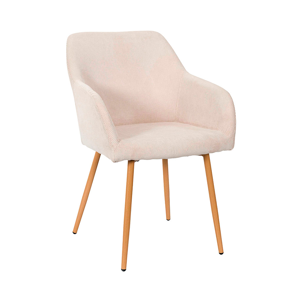Chaise avec accoudoirs en velours côtelé beige et pieds effet bois - Pauline