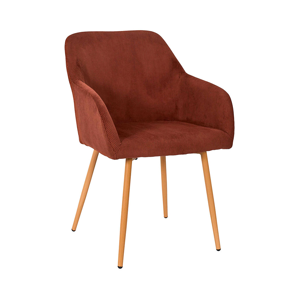 Chaise avec accoudoirs en velours côtelé terracotta et pieds effet bois - Pauline