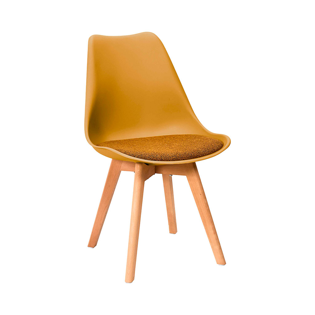 Chaise de salle à manger rembourrée jaune moutarde avec pieds bois - Emma