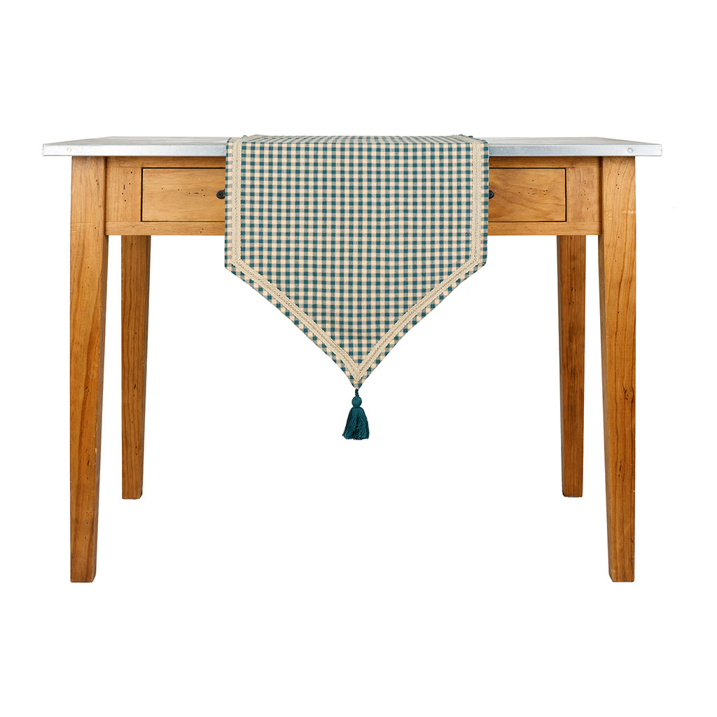 Chemin de table à carreaux en coton bleu antique 150x45cm