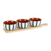 Coupelles x3 en grès rayées émeraude et blanc avec planche d11cm - Alaria
