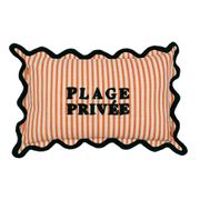 Coussin en coton brodé "place privé" rayé corail et émeraude 50x30cm - Plouf&Sun