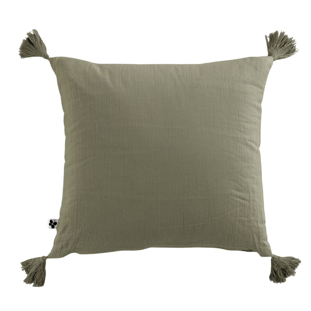 Coussin avec pompons en gaze de coton romarin 40x40cm - Gaia
