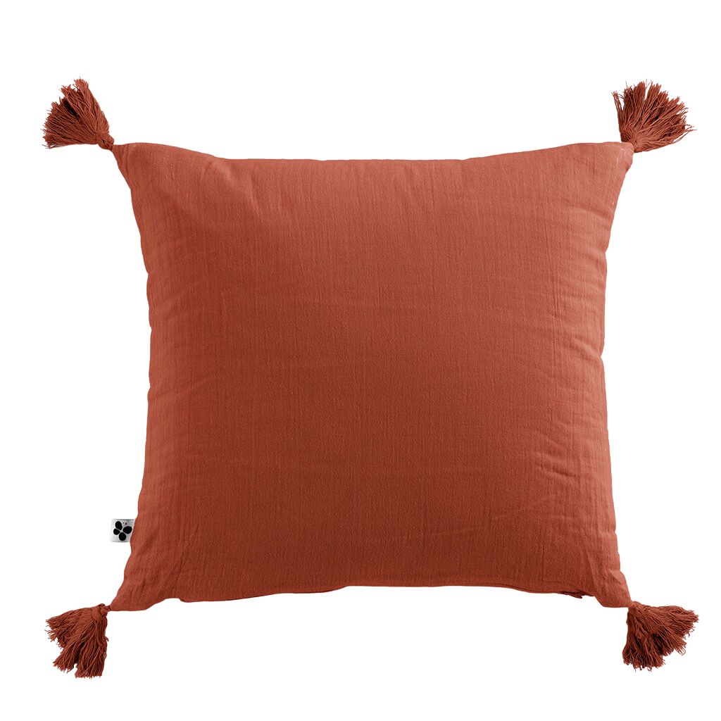 Coussin dehoussable avec pompons en gaze de coton terracotta 40x40cm - Gaia