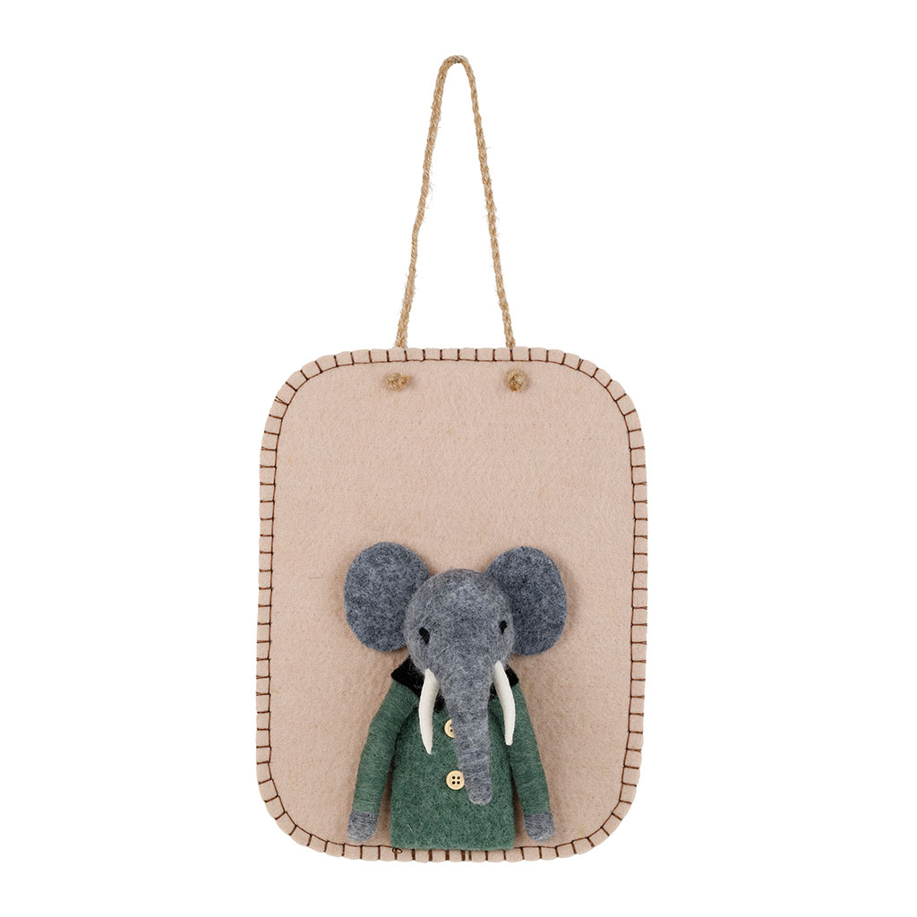 Déco murale éléphant en laine beige et gris 21x27cm