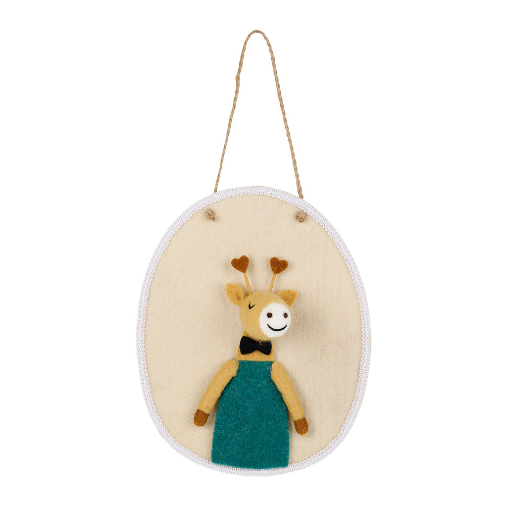 Déco murale girafe en laine beige et bleu 22x27cm
