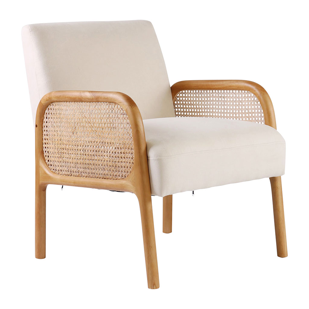 Fauteuil blanc cassé en bois d'hévéa et rotin - Firmin