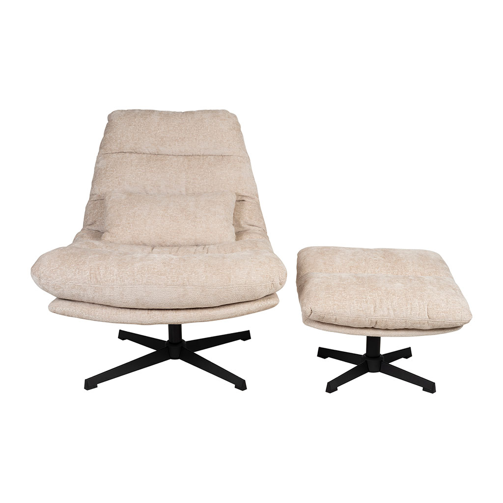 Fauteuil et repose pied en tissu beige et fer noir - Lery