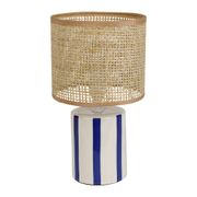 Lampe en rotin et céramique rayée indigo et blanc h27cm E14 - Medi