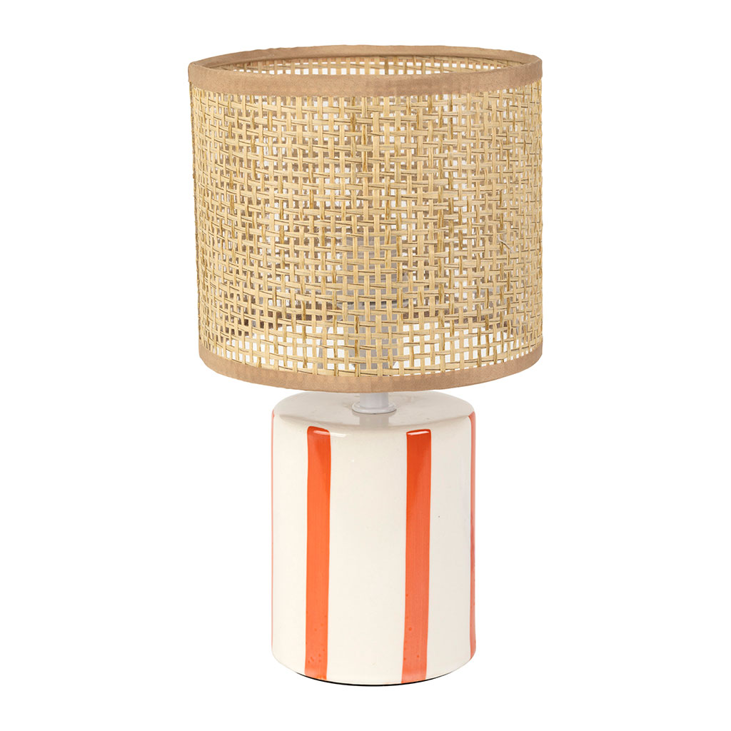 Lampe en rotin et céramique rayée corail et blanc h27cm E14 - Medi