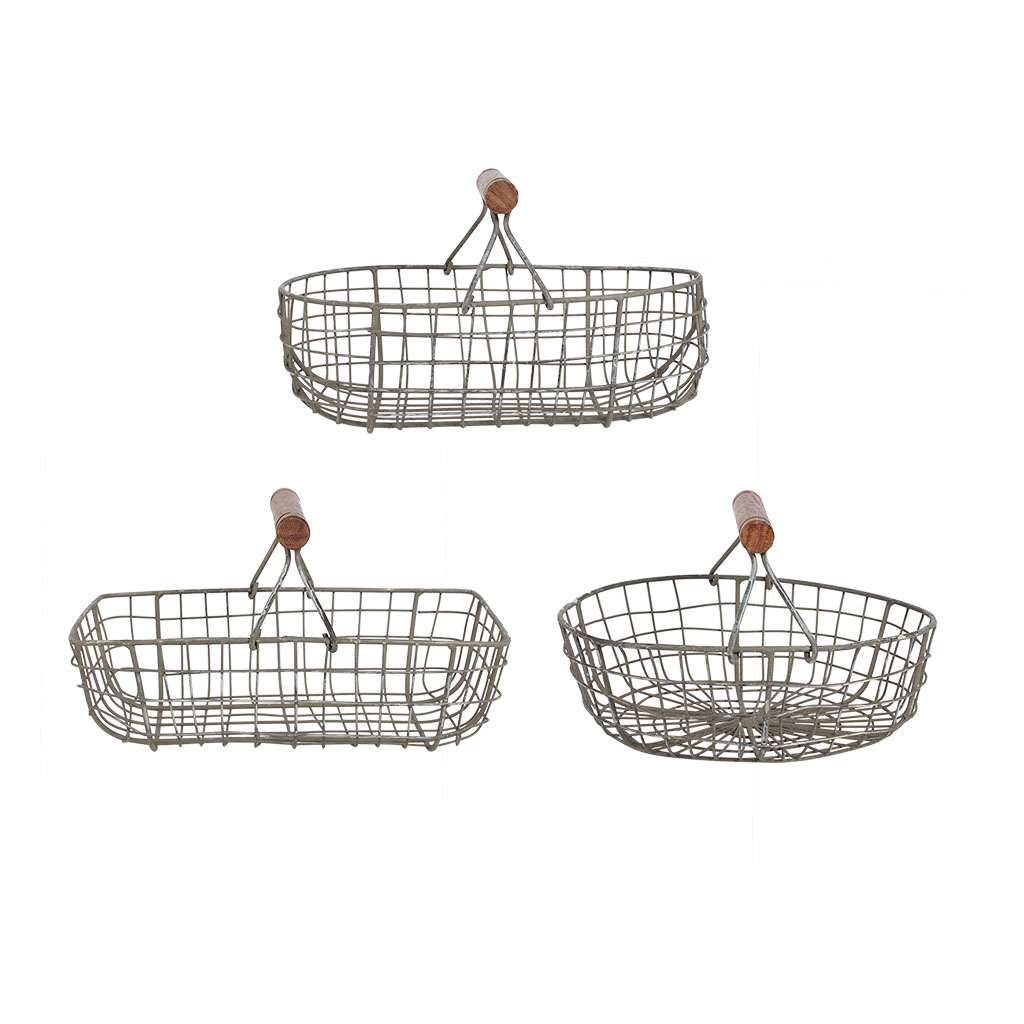 Lot de 3 paniers en fer avec anse en bois naturel