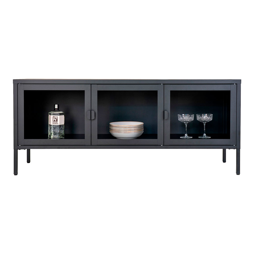 Meuble tv 3 portes en verre et acier noir L130cm - Brendan