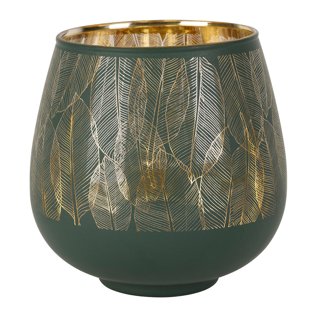 Photophore en verre doré et vert mat h12cm - Feuille