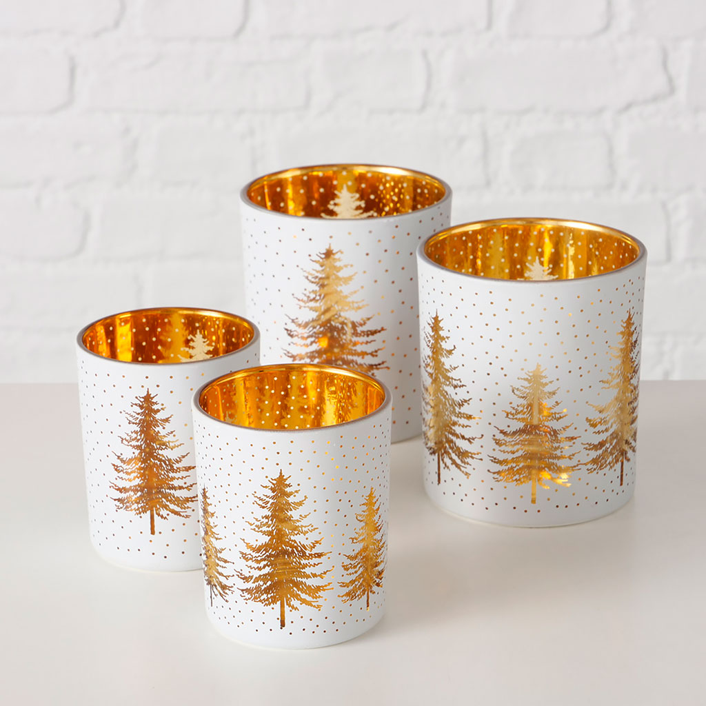 Photophores (x2) en verre blanc et doré h10cm