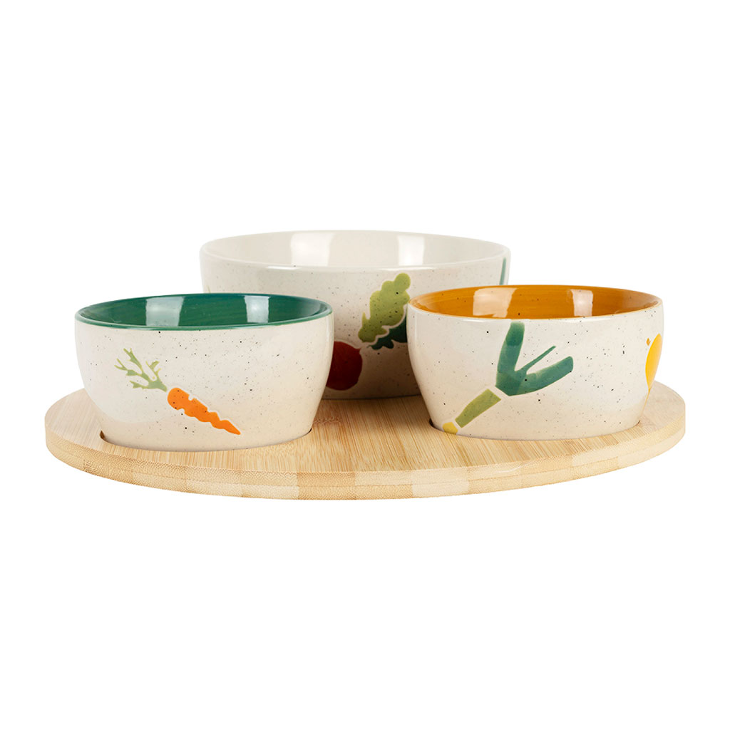 Plateau avec 3 coupelles en grès multicolore d26cm - P'tit Légume