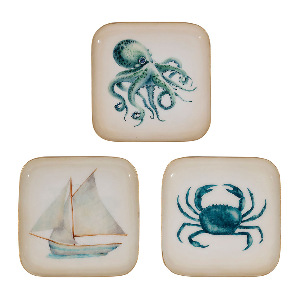 Plateau carré (x3) en fer bleu 16x16cm - Bord de mer