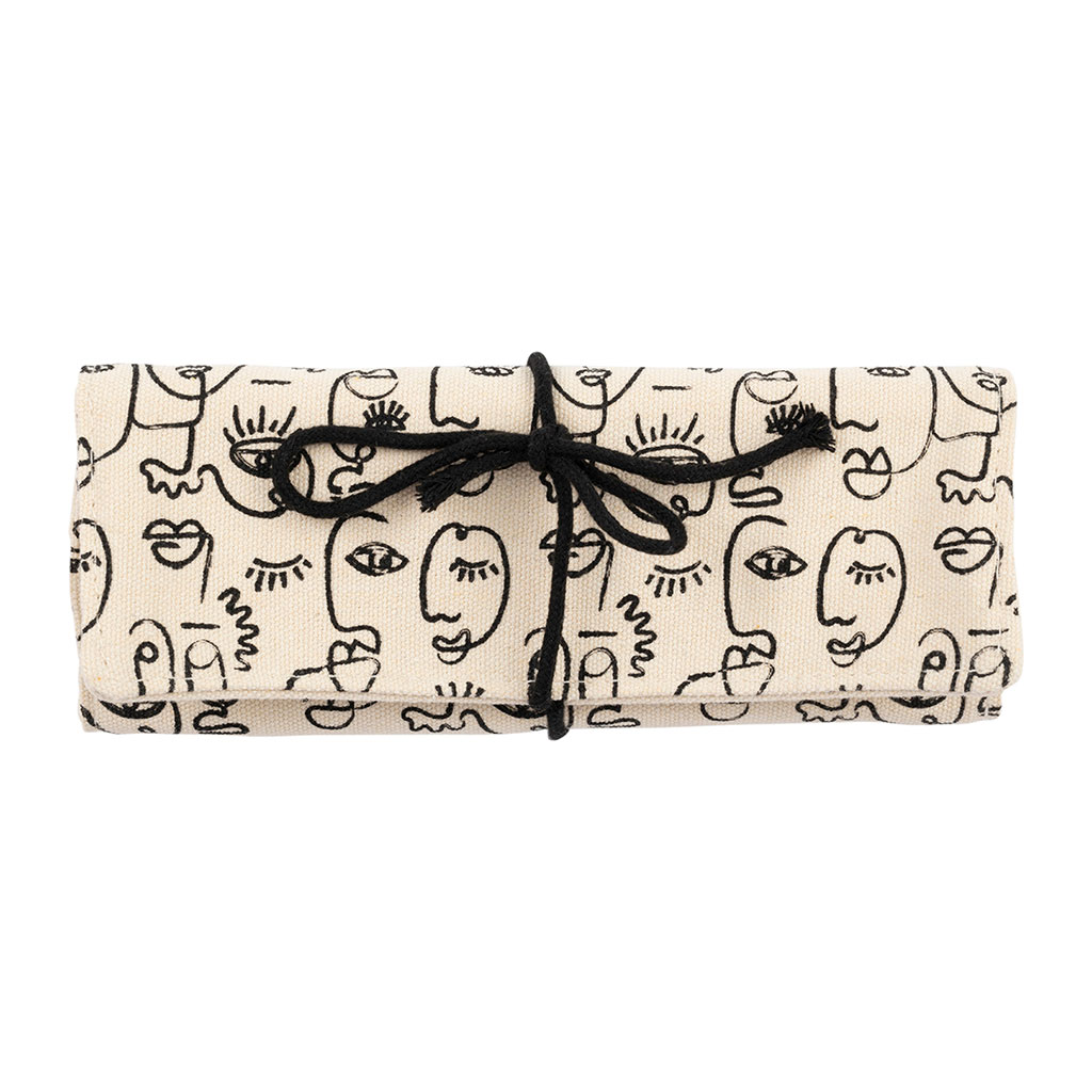 Pochette à bijoux de voyage visage ecru et noir terre brulée