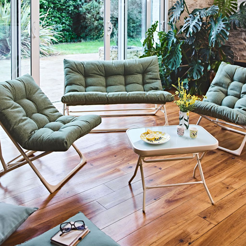 Salon de jardin 4 places en acier et verre trempé vert - Charly