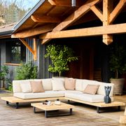 Salon de jardin d'angle 5 places en acacia brossé et aluminium et coussins beige - Zalika