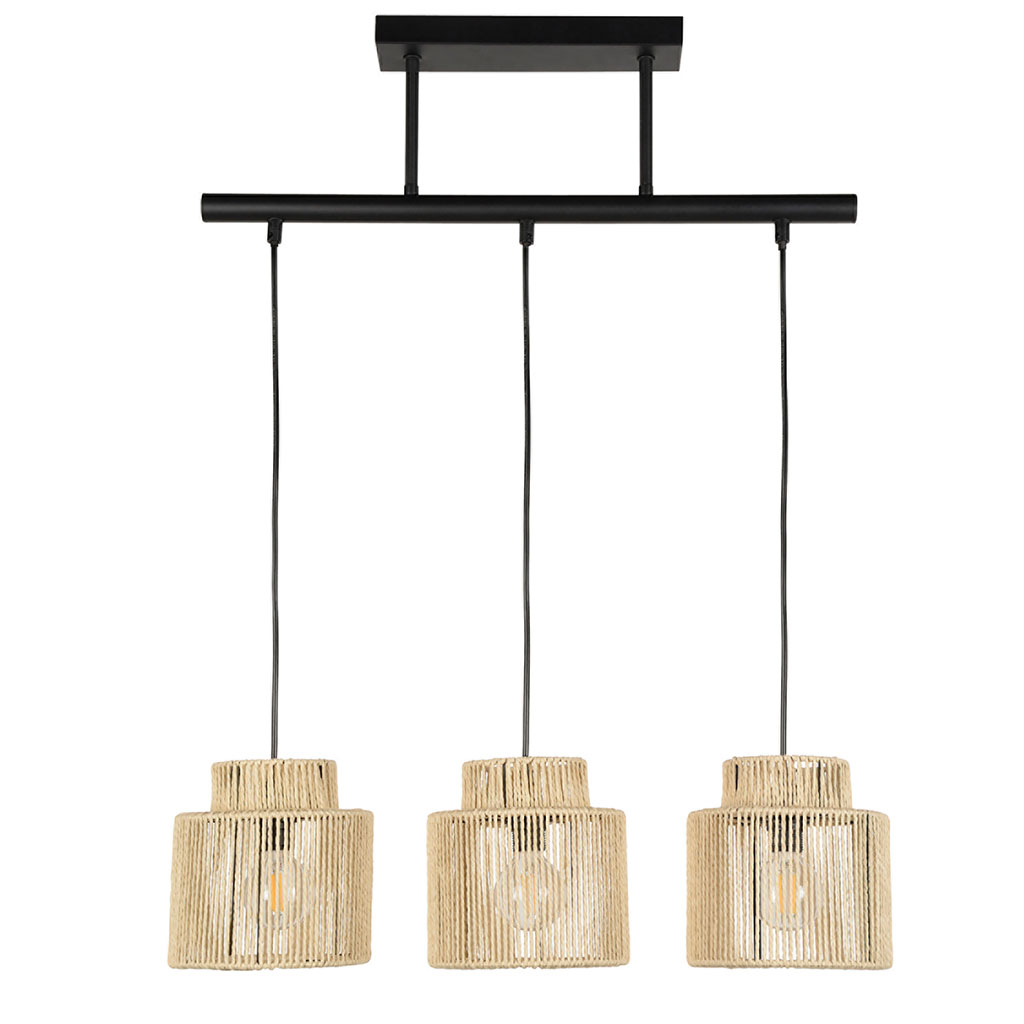 Suspension 3 lumières hauteur réglable en métal noir et cordelette h80cm E27 - Cancun