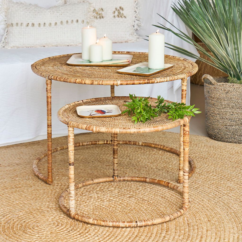 Outsunny Lot De 2 Tables Basses Gigognes Jardin - Imitation Rotin Kaki, Résine Tressée | Empilable, Intérieur/Extérieur