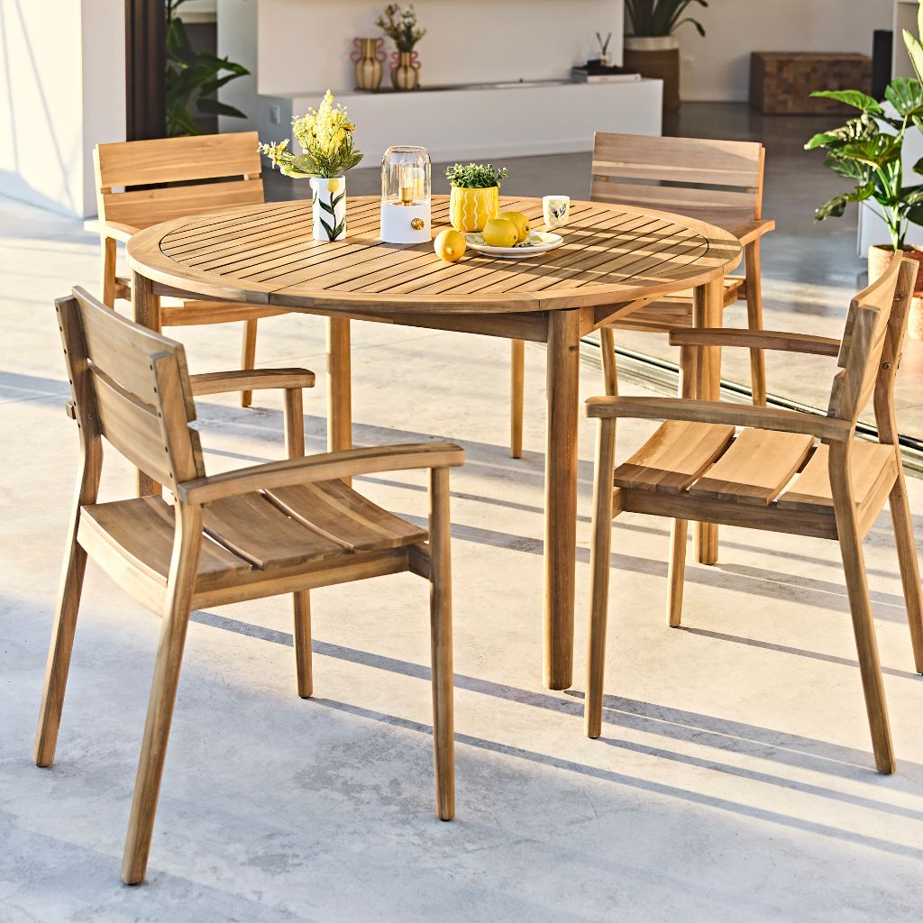 Table de jardin ronde extensible en bois d'acacia 180/130x130cm - Solian