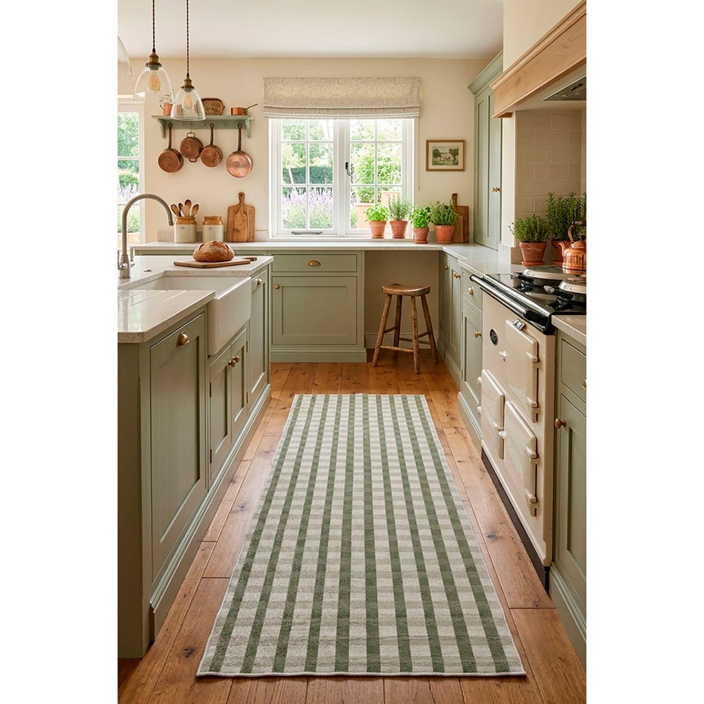 Tapis de cuisine lavable à carreaux vert sauge et blanc 70x180cm - Azulejo 