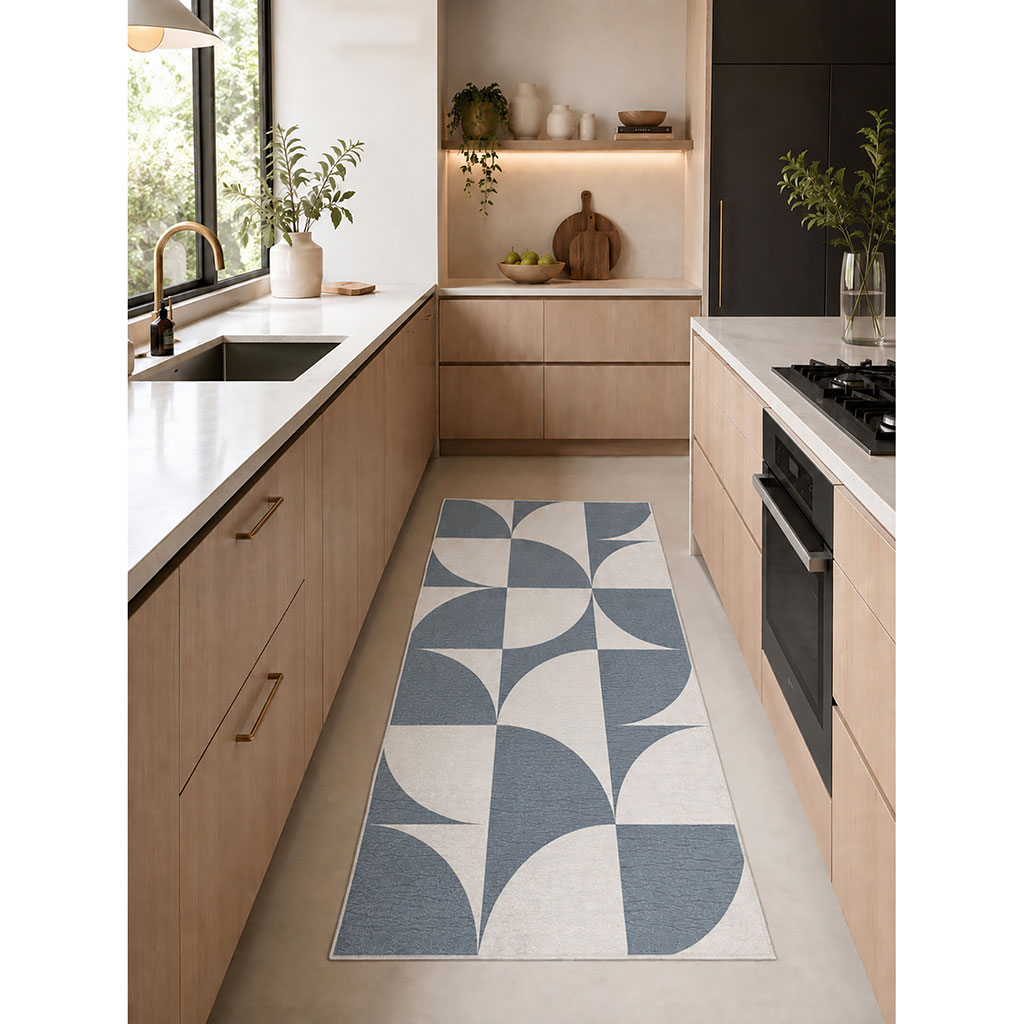 Tapis de cuisine lavable géométrique bleu et blanc 70x180cm - Azulejo