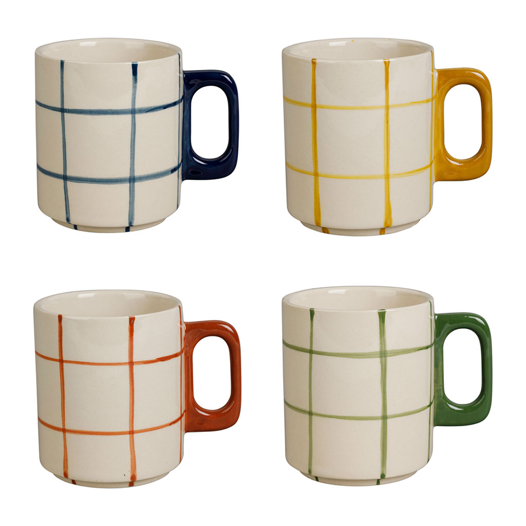 Tasses à café x4 en grès à carreaux indigo, terracotta, kaki et moutarde 15cl - Epura