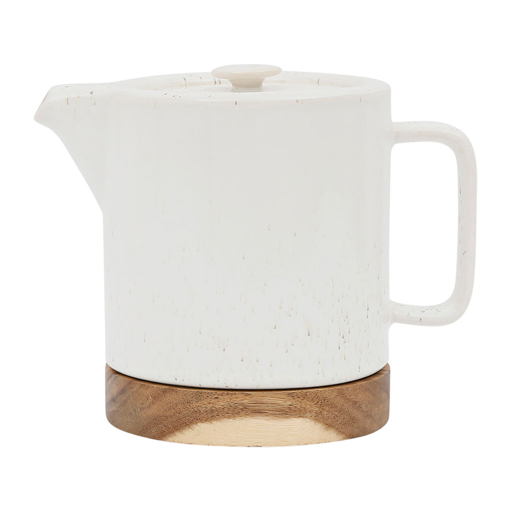 Théière avec filtre blanc moucheté 1.15l en grès et dessous en bois - nordika
