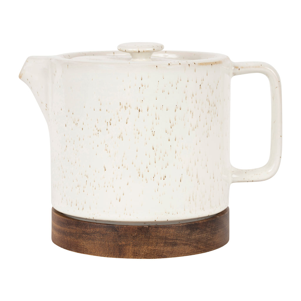 Théière en grès blanc moucheté et bois avec filtre - nordika