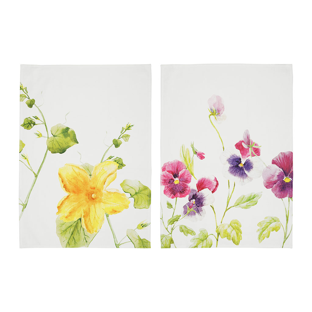 Torchons x2 en coton fleurs jaune et mauve 50x70cm